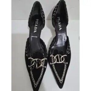 Prada Black Suede Pointed Heels – Chain  Detail